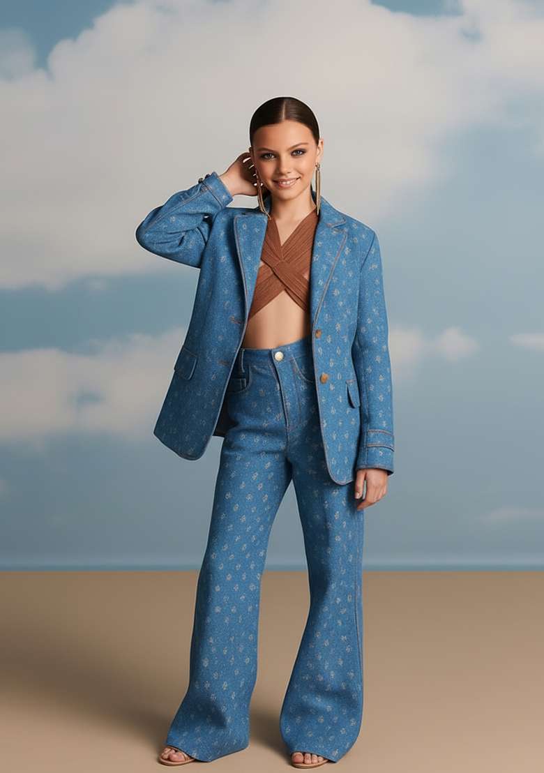 Girls Light Blue Embroidered Denim Co-Ord Set - Indya