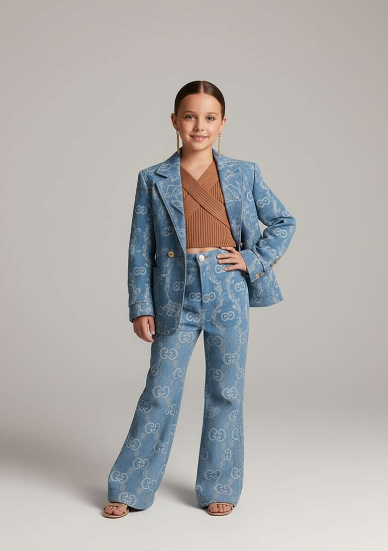 Girls Light Blue Embroidered Denim Co-Ord Set - Indya