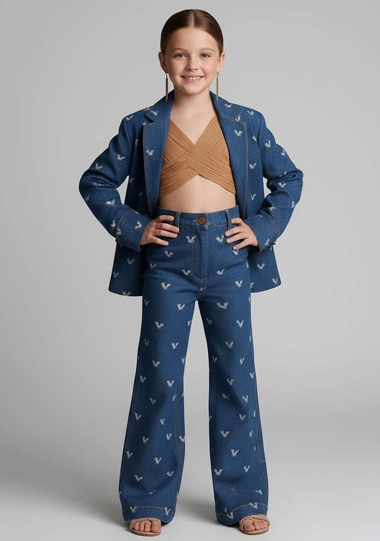 Girls Dark Blue Embroidered Denim Co-Ord Set - Indya