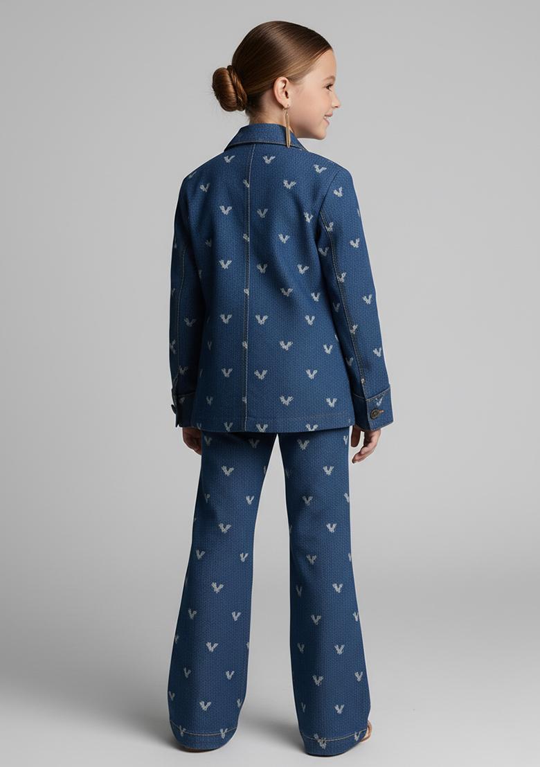 Girls Dark Blue Embroidered Denim Co-Ord Set - Indya