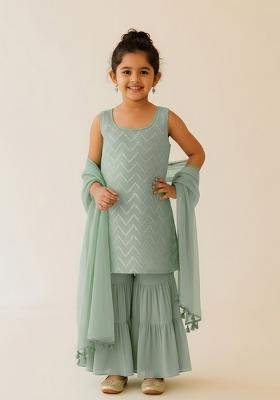 Girls Olive Embroidered Net Sharara Set