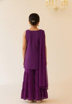 Girls Purple Embroidered Net Sharara Set