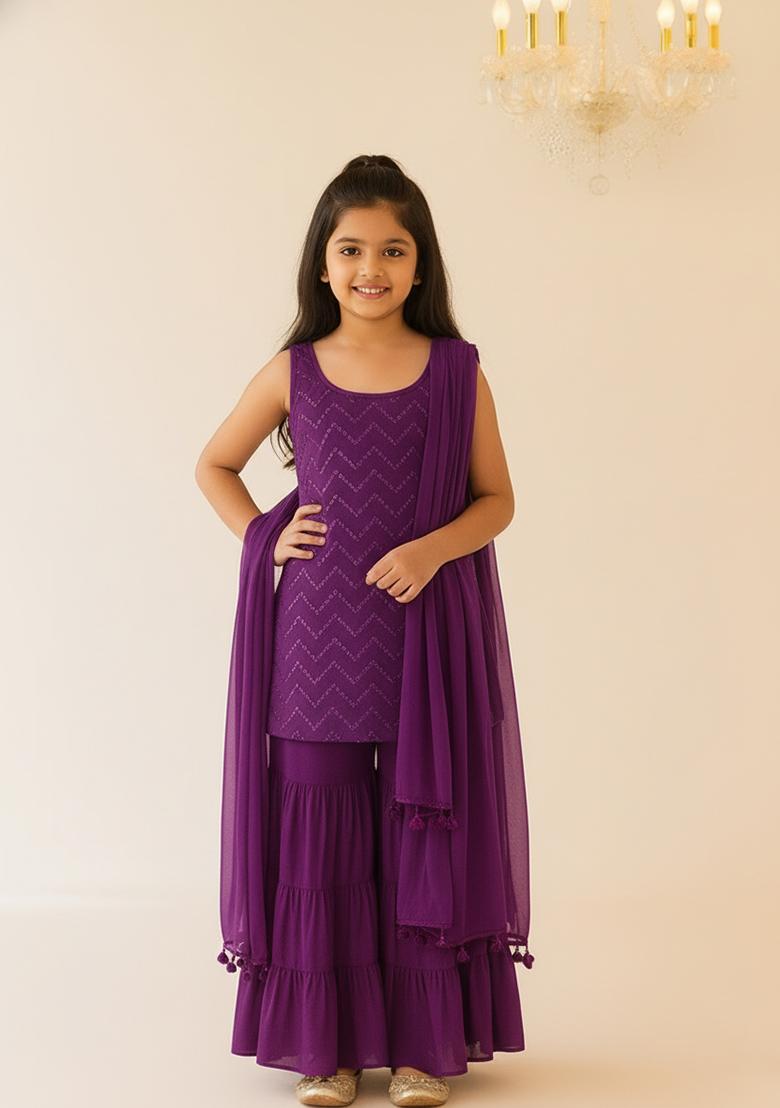 Girls Purple Embroidered Net Sharara Set - Indya