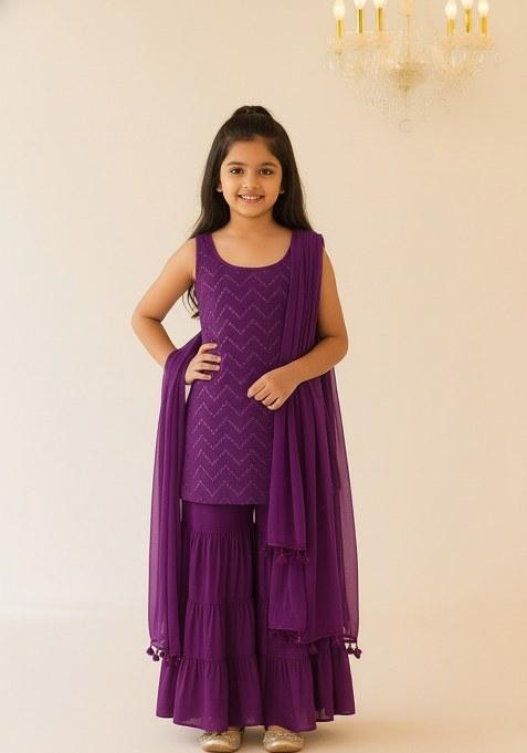 Girls Purple Embroidered Net Sharara Set