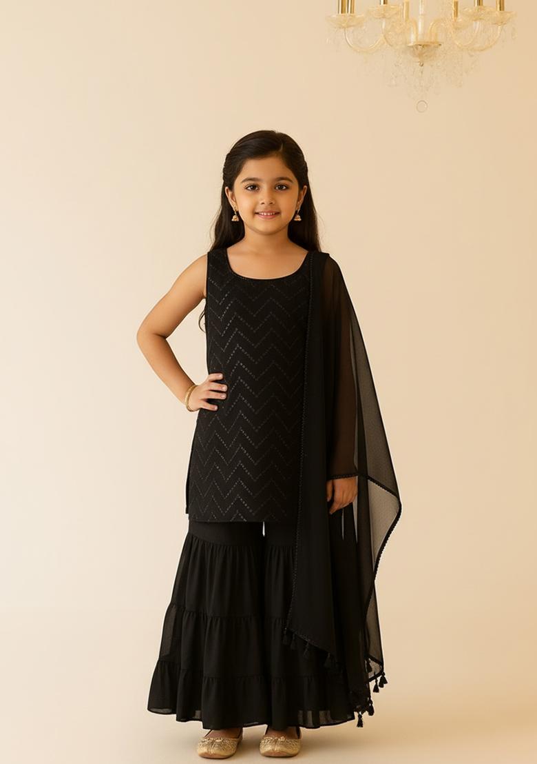 Girls Black Embroidered Net Sharara Set