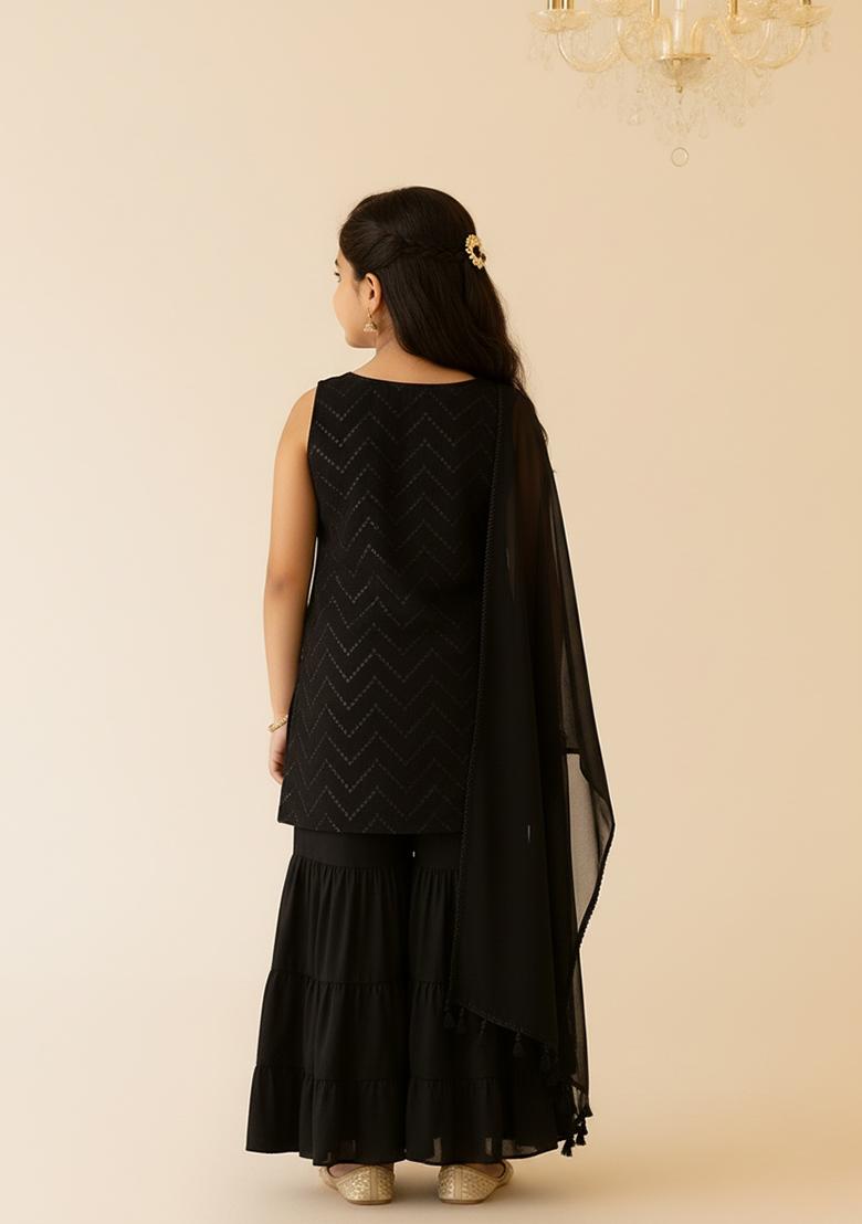 Girls Black Embroidered Net Sharara Set - Indya