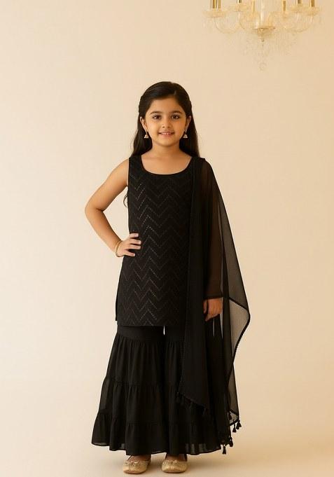 Girls Black Embroidered Net Sharara Set
