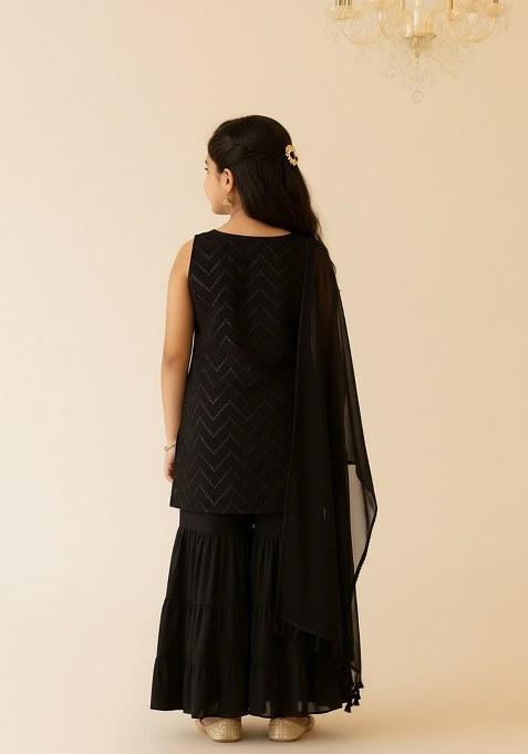 Girls Black Embroidered Net Sharara Set