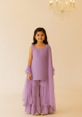 Girls Purple Embroidered Net Sharara Set
