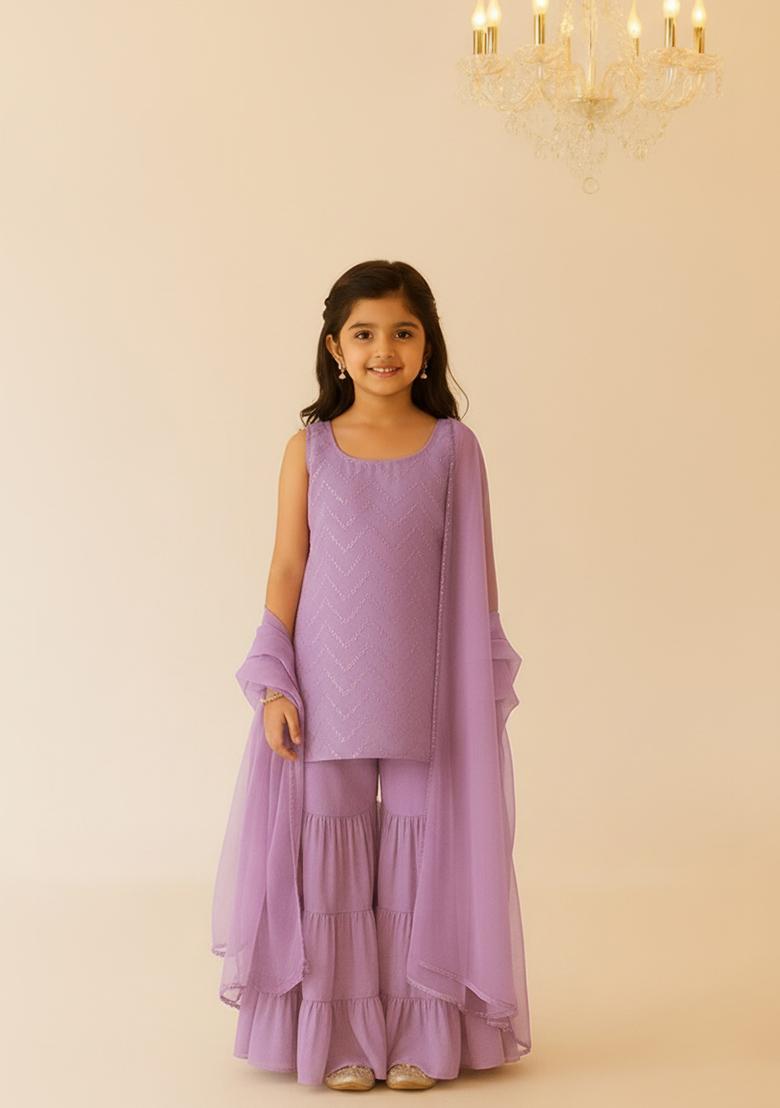 Girls Purple Embroidered Net Sharara Set