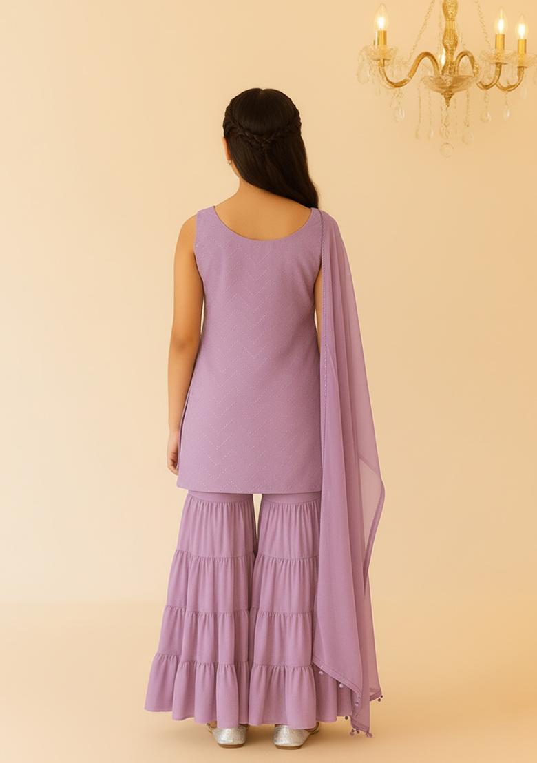 Girls Purple Embroidered Net Sharara Set - Indya