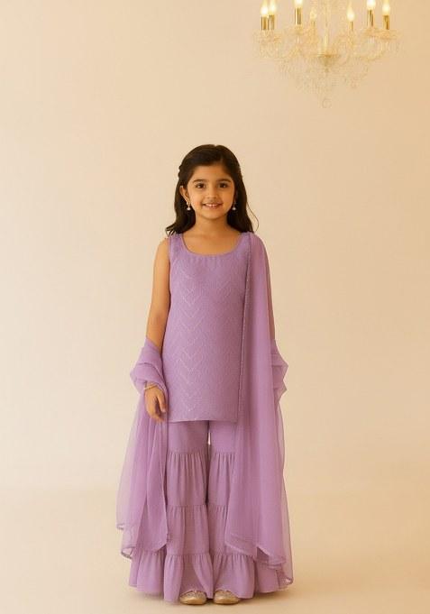 Girls Purple Embroidered Net Sharara Set
