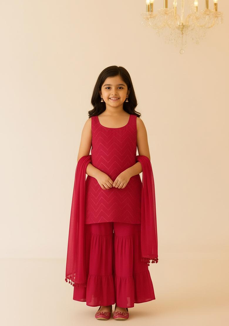 Girls Red Embroidered Net Sharara Set