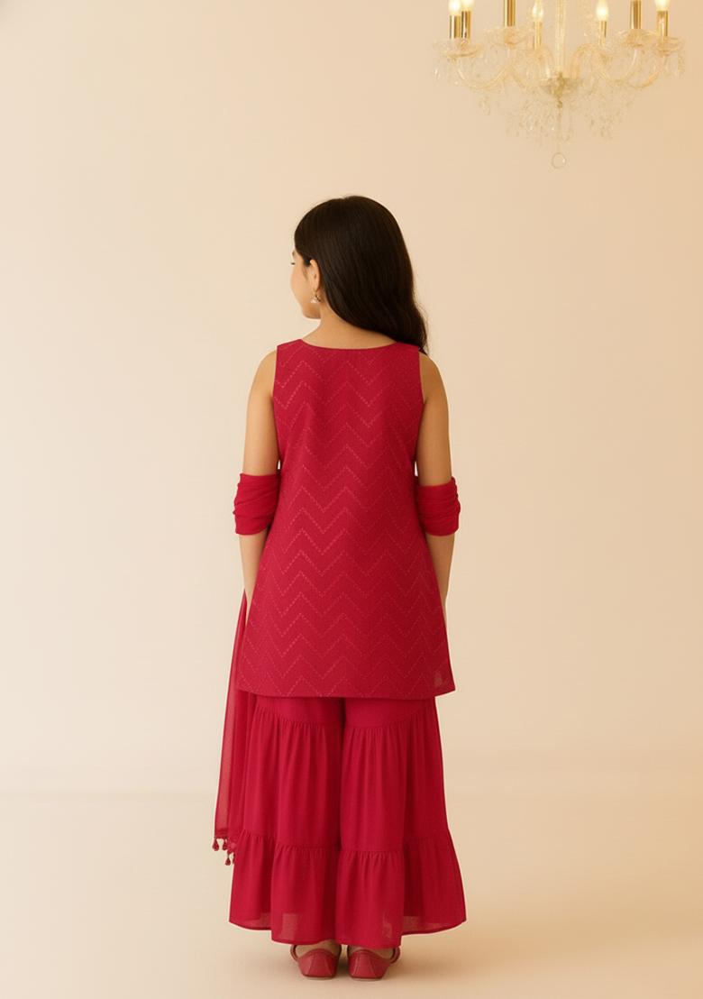 Girls Red Embroidered Net Sharara Set - Indya