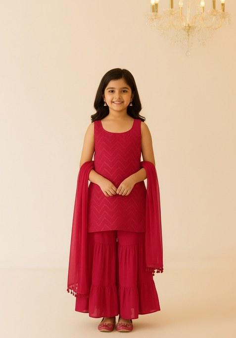 Girls Red Embroidered Net Sharara Set