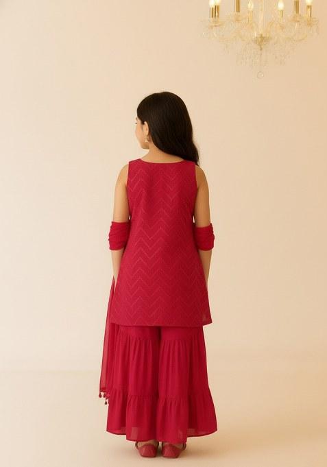 Girls Red Embroidered Net Sharara Set