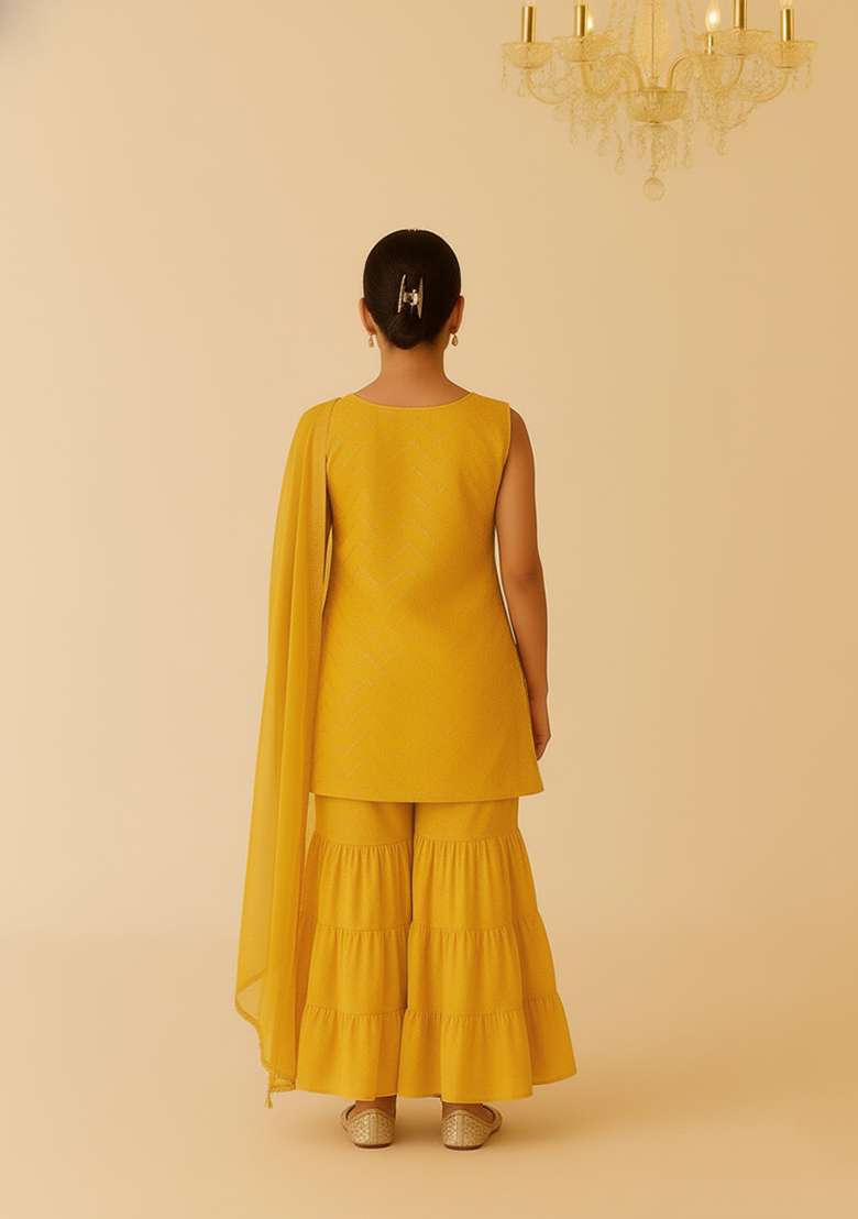 Girls Yellow Embroidered Net Sharara Set - Indya