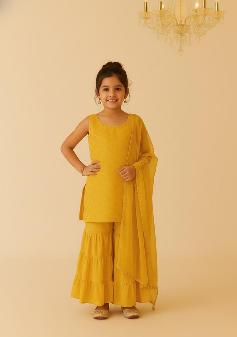 Girls Yellow Embroidered Net Sharara Set - Indya