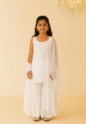 Girls White Embroidered Net Sharara Set