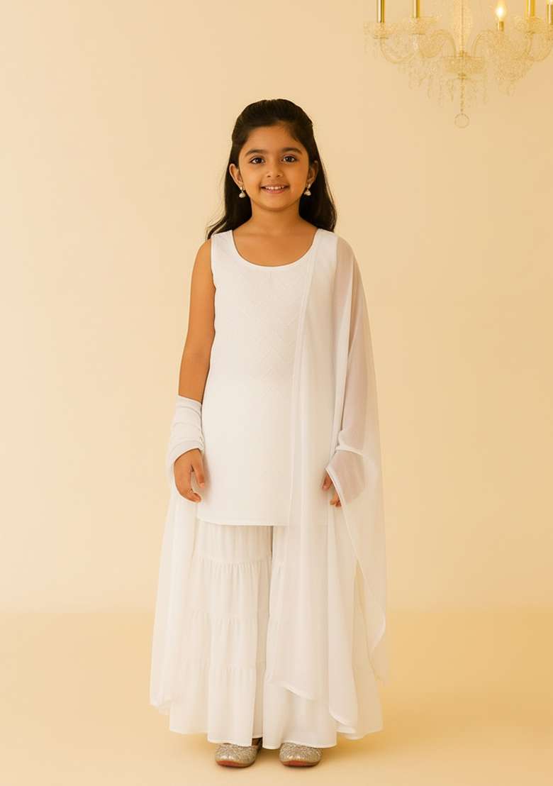 Girls White Embroidered Net Sharara Set - Indya