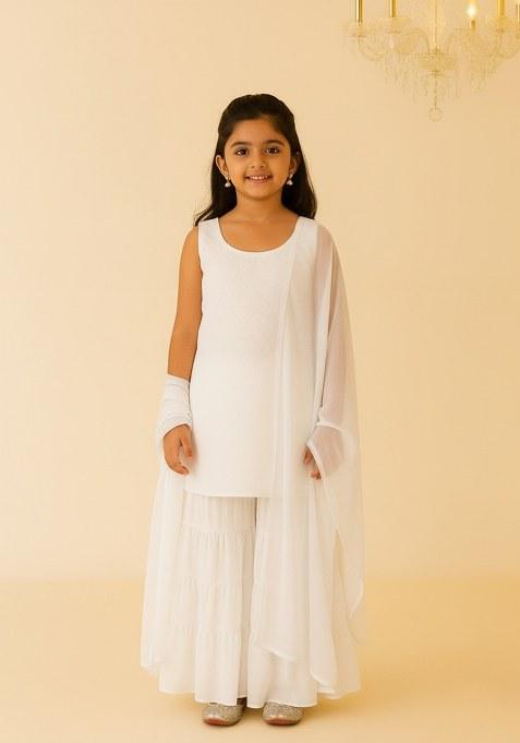Girls White Embroidered Net Sharara Set