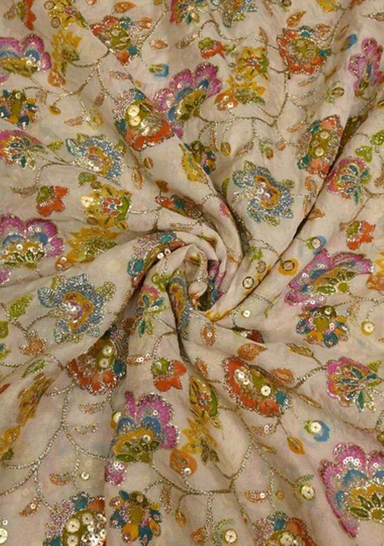 Girls Beige Embroidered Organza Anarkali Set