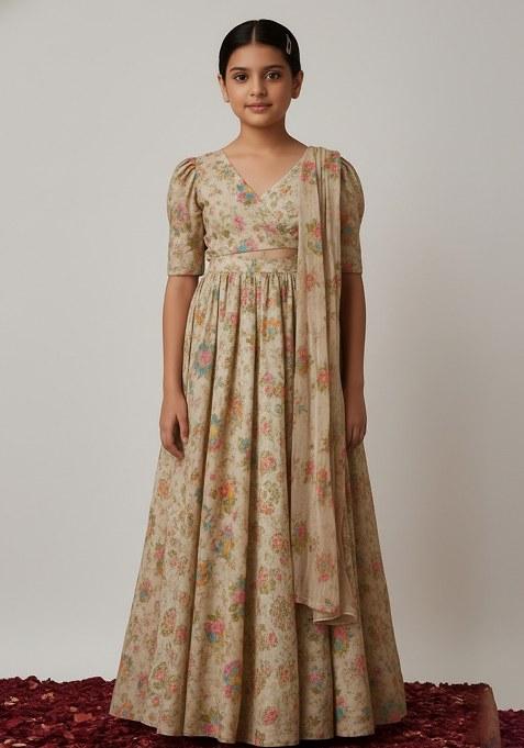 Girls Beige Embroidered Organza Anarkali Set