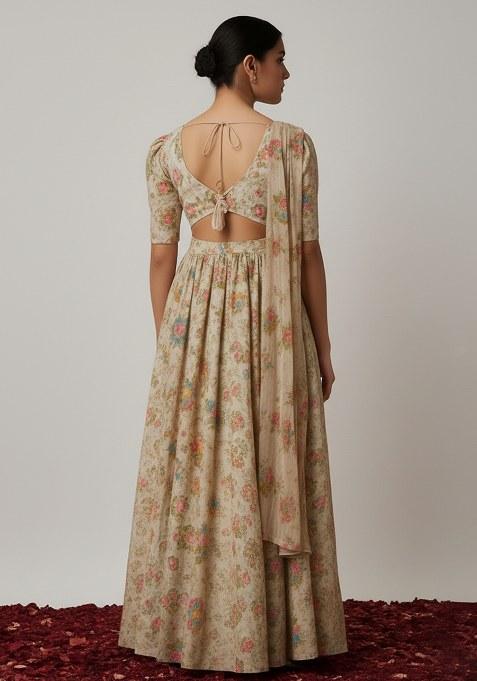 Girls Beige Embroidered Organza Anarkali Set