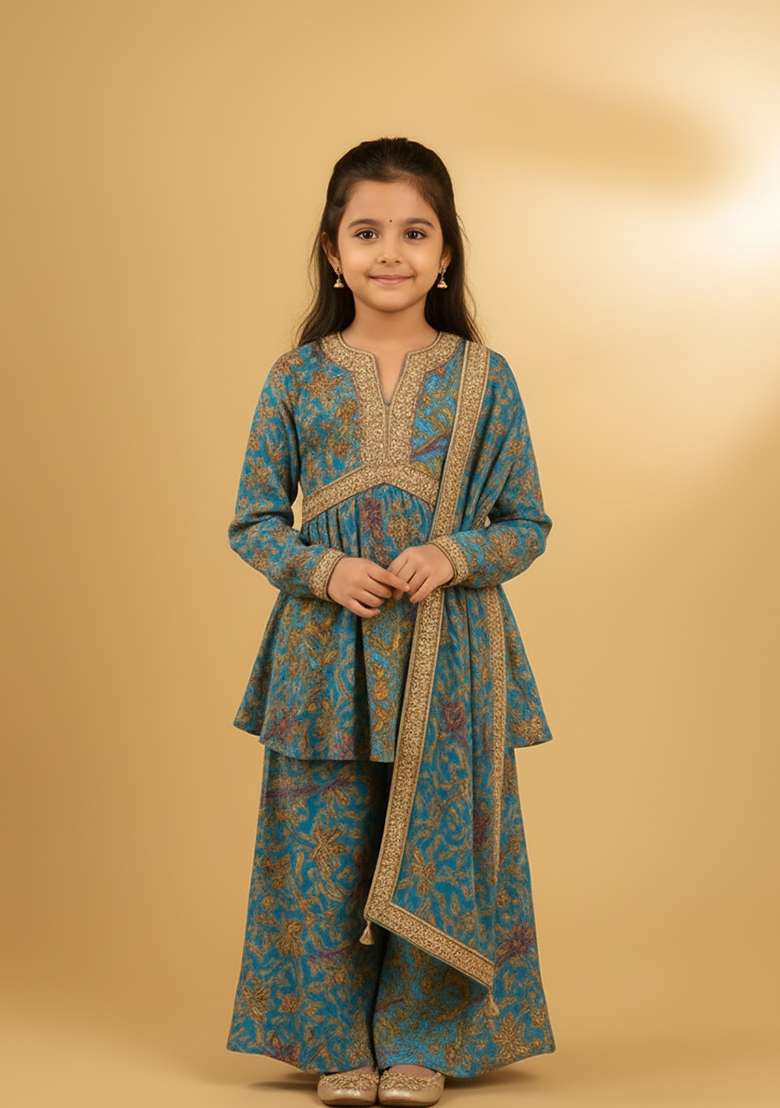Girls Powder Blue Floral Print Chiffon Sharara Set - Indya