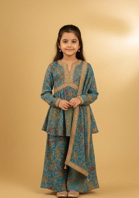 Girls Powder Blue Floral Print Chiffon Sharara Set