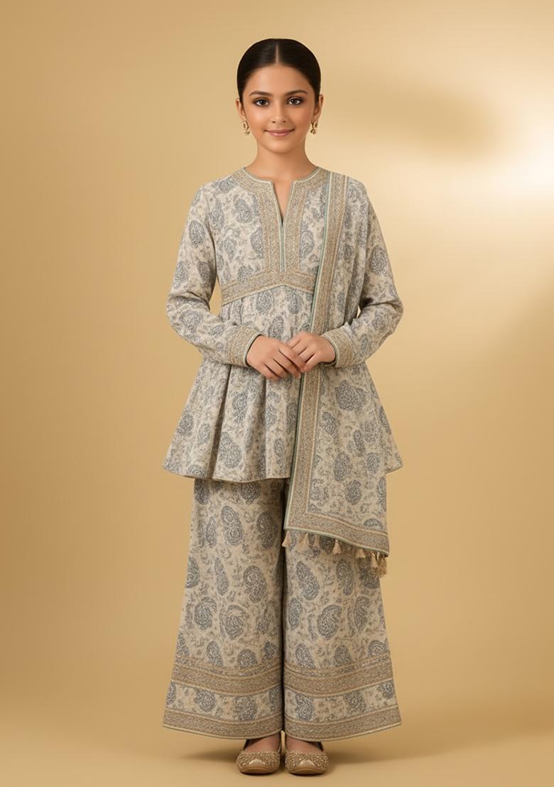 Girls White Floral Print Chiffon Sharara Set - Indya