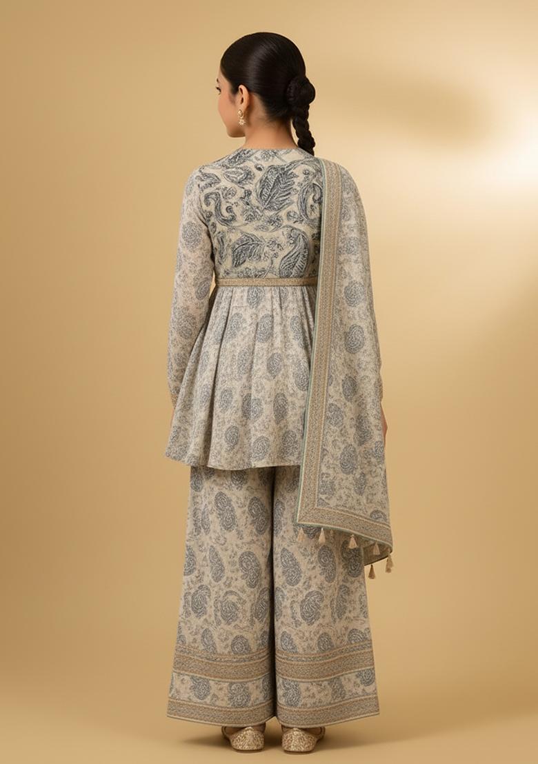 Girls White Floral Print Chiffon Sharara Set - Indya