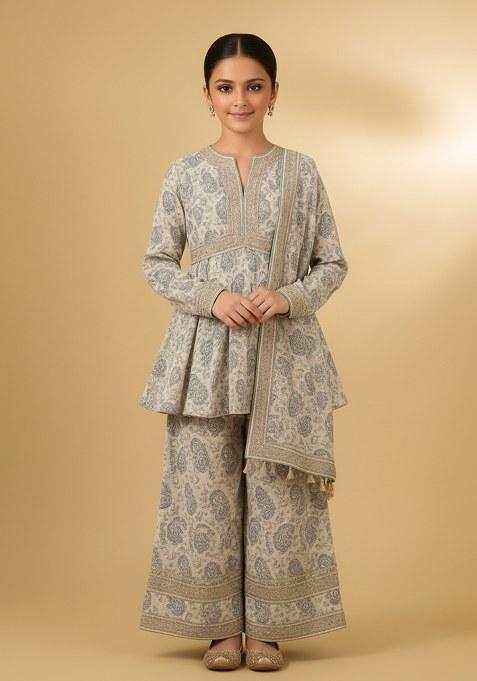 Girls White Floral Print Chiffon Sharara Set