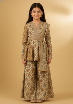 Girls Beige Floral Print Chiffon Sharara Set