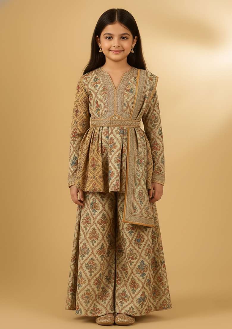 Girls Beige Floral Print Chiffon Sharara Set - Indya