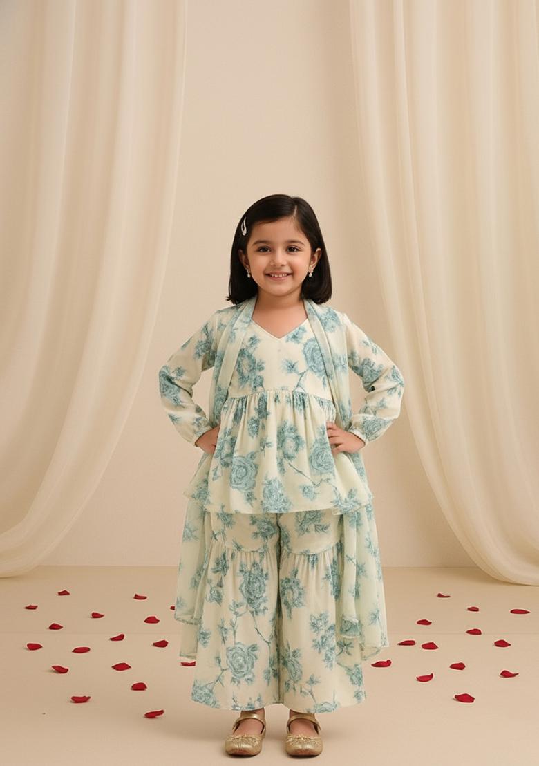 Girls White Floral Print Georgette Sharara Set - Indya