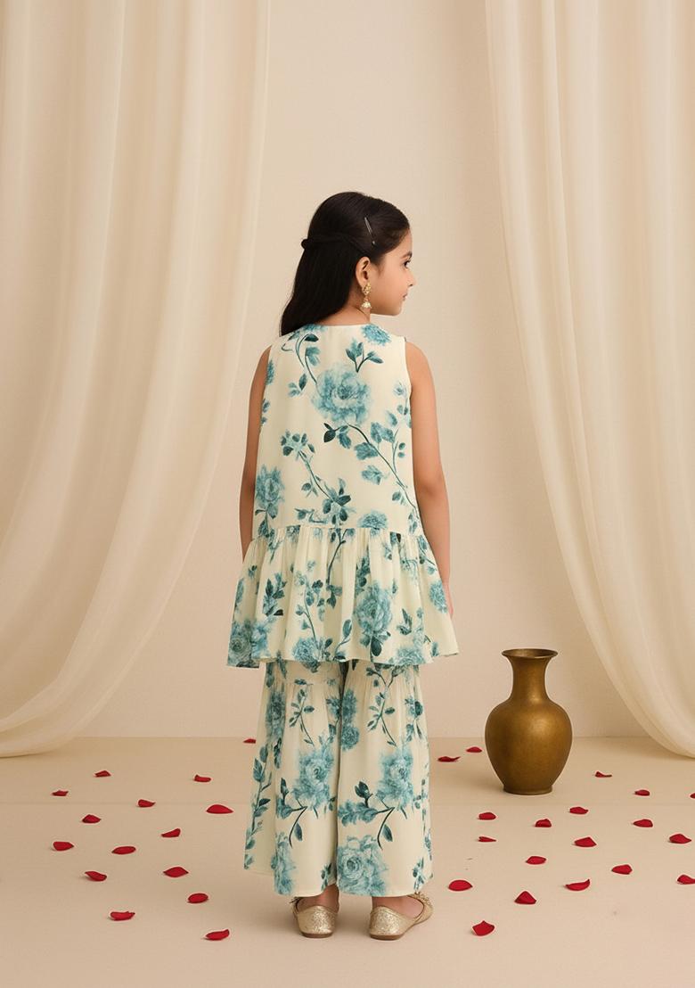 Girls White Floral Print Georgette Sharara Set - Indya