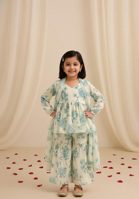 Girls White Floral Print Georgette Sharara Set