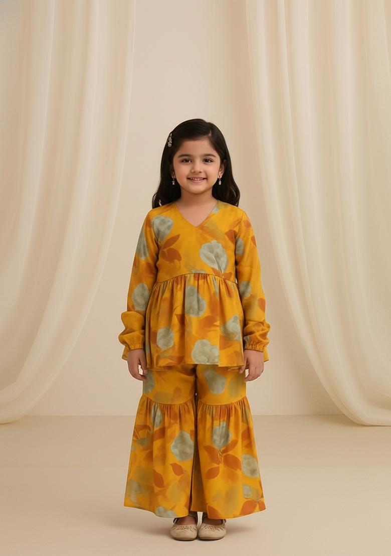 Girls Yellow Floral Print Georgette Sharara Set