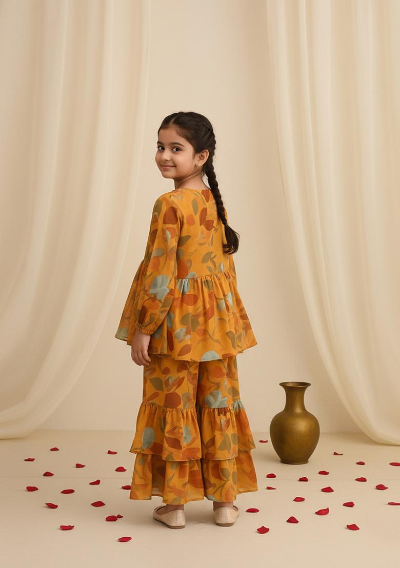 Girls Yellow Floral Print Georgette Sharara Set - Indya