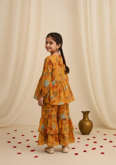 Girls Yellow Floral Print Georgette Sharara Set