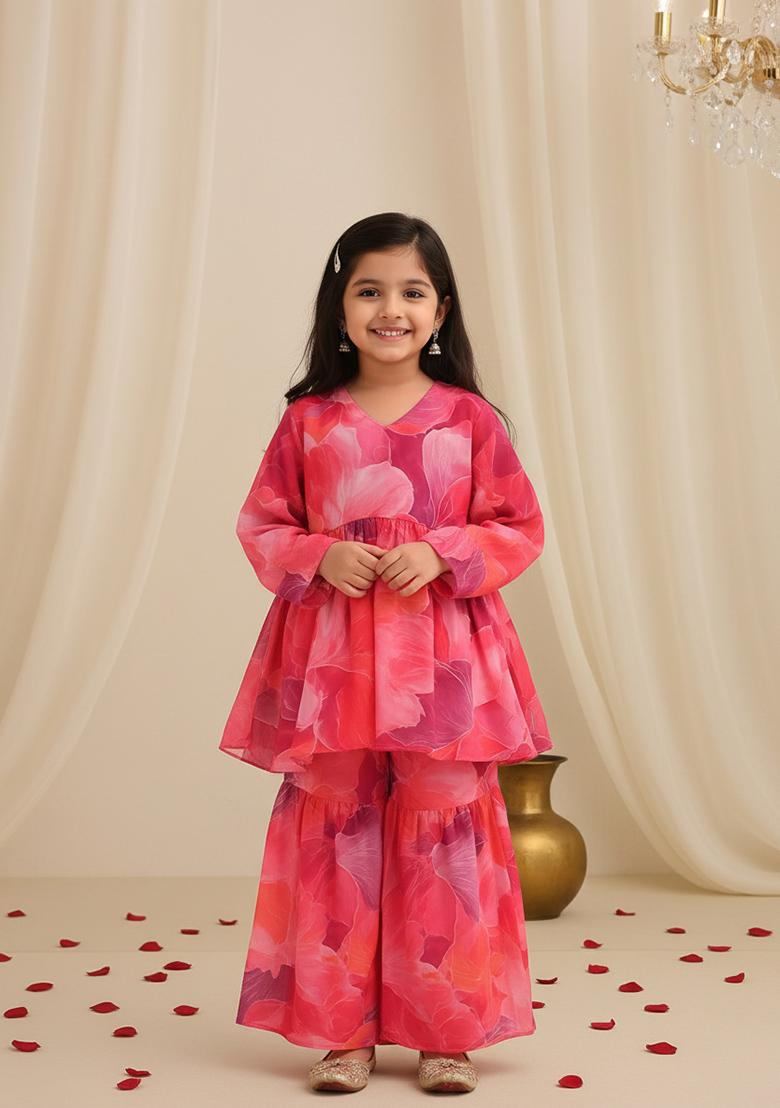 Girls Multicolor Floral Print Georgette Sharara Set