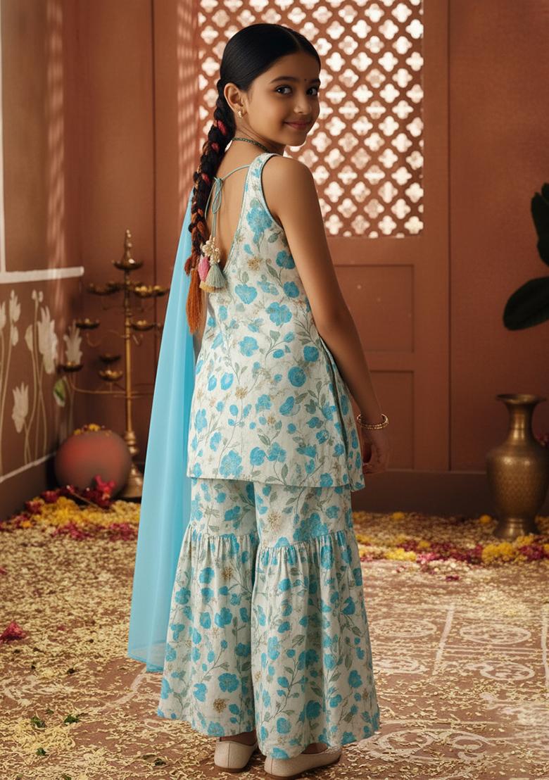 Girls Off White Floral Print Chanderi Silk Sharara Set - Indya