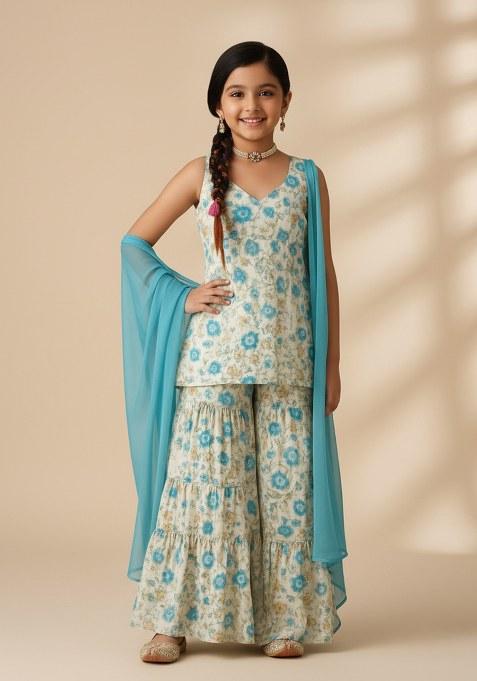 Girls Off White Floral Print Chanderi Silk Sharara Set