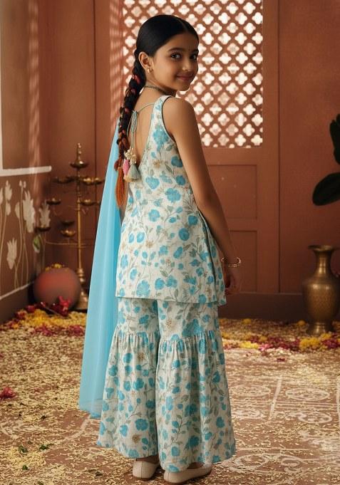 Girls Off White Floral Print Chanderi Silk Sharara Set