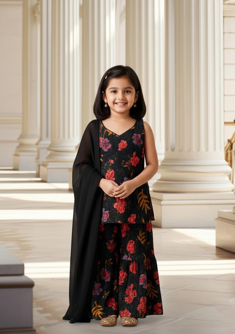 Girls Charcoal Grey Floral Print Cotton Sharara Set