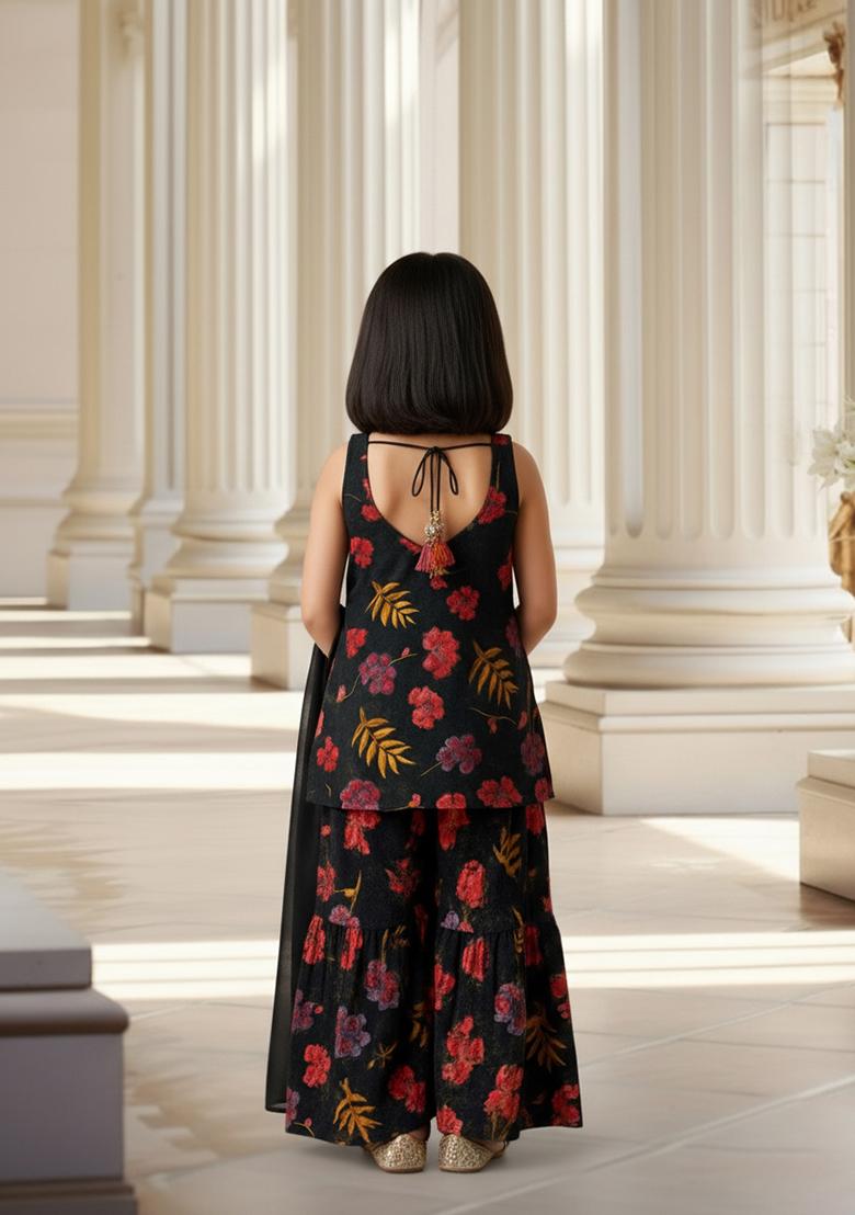 Girls Charcoal Grey Floral Print Cotton Sharara Set - Indya