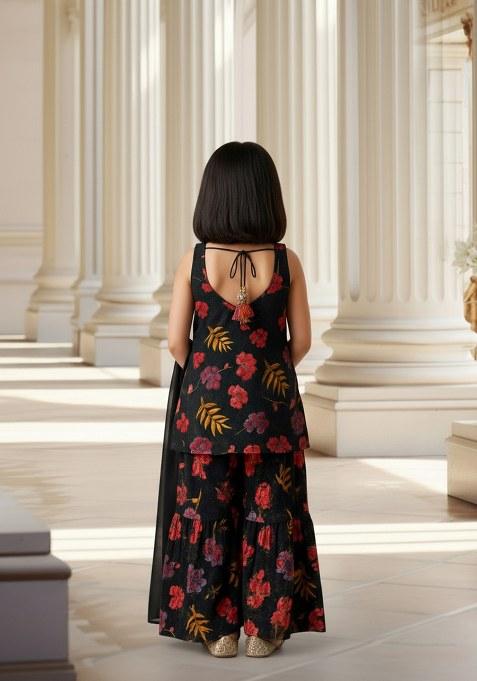 Girls Charcoal Grey Floral Print Cotton Sharara Set