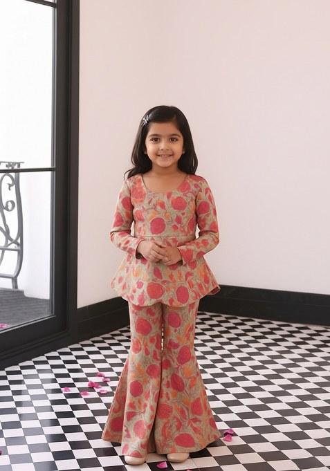 Girls Beige Floral Print Chiffon Sharara Set