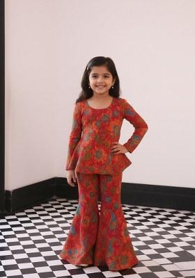 Girls Fiery Red Floral Print Chiffon Sharara Set